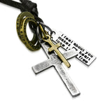 Antique Vintage Cross Ring Inspirational Charm Adjustable Black Leather Necklace - Comfort Zone Studios