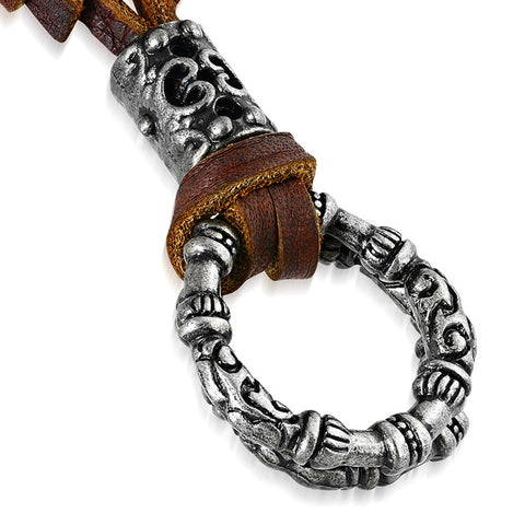 Antique Vintage Tribal Interlocking Open Circle Charm Adjustable Genuine Brown Leather Necklace - Comfort Zone Studios