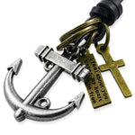 Antique Vintage Anchor Cross Ring Inspirational Charm Adjustable Black Leather Necklace - Comfort Zone Studios