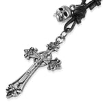 Antique Vintage Roman Cross Skull Charm Adjustable Black Leather Biker Necklace - Comfort Zone Studios