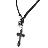 Antique Vintage Roman Cross Skull Charm Adjustable Black Leather Biker Necklace - Comfort Zone Studios