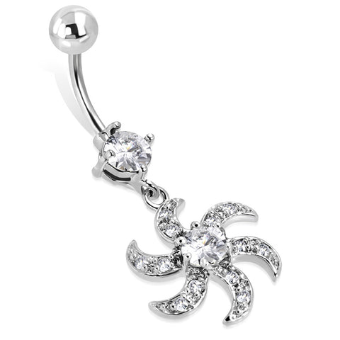 Stainless Steel Cubic Zirconia Floral Saw Blade Charm Dangling Belly Button Navel Ring - Comfort Zone Studios