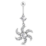 Stainless Steel Cubic Zirconia Floral Saw Blade Charm Dangling Belly Button Navel Ring - Comfort Zone Studios