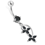 Stainless Steel Cubic Zirconia Double Floral Cross Charm Dangling Belly Button Navel Ring - Comfort Zone Studios