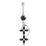 Stainless Steel Cubic Zirconia Double Floral Cross Charm Dangling Belly Button Navel Ring - Comfort Zone Studios