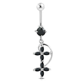 Stainless Steel Cubic Zirconia Double Floral Cross Charm Dangling Belly Button Navel Ring - Comfort Zone Studios