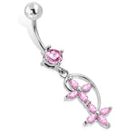 Stainless Steel Cubic Zirconia Double Floral Cross Charm Dangling Belly Button Navel Ring - Comfort Zone Studios