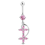 Stainless Steel Cubic Zirconia Double Floral Cross Charm Dangling Belly Button Navel Ring - Comfort Zone Studios
