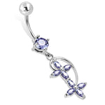 Stainless Steel Cubic Zirconia Double Floral Cross Charm Dangling Belly Button Navel Ring - Comfort Zone Studios