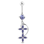 Stainless Steel Cubic Zirconia Double Floral Cross Charm Dangling Belly Button Navel Ring - Comfort Zone Studios