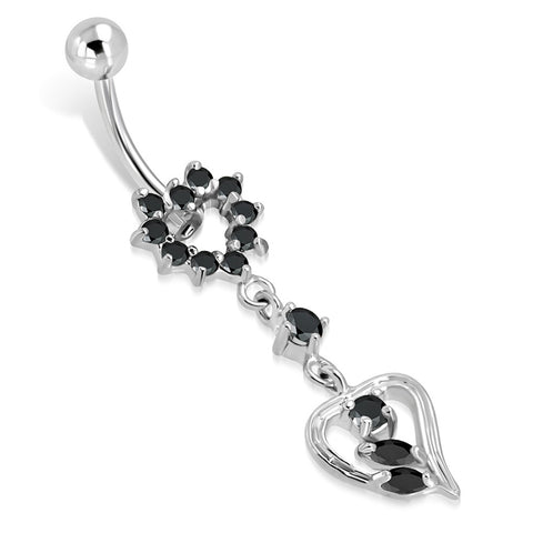 Stainless Steel Cubic Zirconia Double Floating Floral Love Heart Charm Dangling Belly Button Navel Ring - Comfort Zone Studios