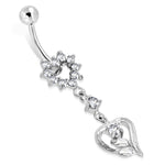 Stainless Steel Cubic Zirconia Double Floating Floral Love Heart Charm Dangling Belly Button Navel Ring - Comfort Zone Studios