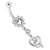 Stainless Steel Cubic Zirconia Double Floating Floral Love Heart Charm Dangling Belly Button Navel Ring - Comfort Zone Studios
