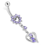 Stainless Steel Cubic Zirconia Double Floating Floral Love Heart Charm Dangling Belly Button Navel Ring - Comfort Zone Studios