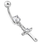Stainless Steel Cubic Zirconia Classic Minimalist Cross Charm Dangling Belly Button Navel Ring - Comfort Zone Studios
