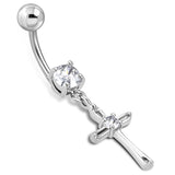 Stainless Steel Cubic Zirconia Classic Minimalist Cross Charm Dangling Belly Button Navel Ring - Comfort Zone Studios