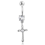 Stainless Steel Cubic Zirconia Classic Minimalist Cross Charm Dangling Belly Button Navel Ring - Comfort Zone Studios
