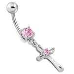 Stainless Steel Cubic Zirconia Classic Minimalist Cross Charm Dangling Belly Button Navel Ring - Comfort Zone Studios