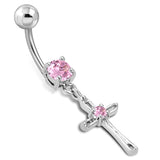 Stainless Steel Cubic Zirconia Classic Minimalist Cross Charm Dangling Belly Button Navel Ring - Comfort Zone Studios