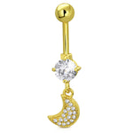 Stainless Steel Midnight Crescent Moon Cubic Zirconia Charm Dangle Belly Button Navel Ring - Comfort Zone Studios