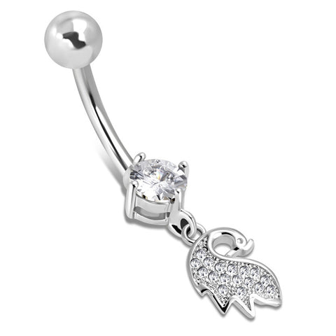 Stainless Steel Delicate Swan Feather Cubic Zirconia Charm Dangle Belly Button Navel Ring - Comfort Zone Studios