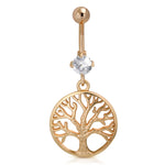 Stainless Steel Tree Of Life CZ Medallion Charm Dangle Belly Button Navel Ring - Comfort Zone Studios