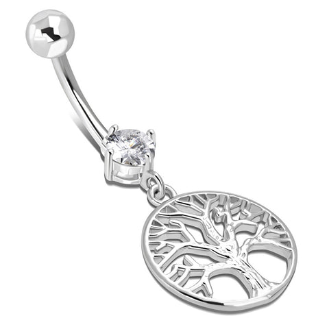 Stainless Steel Tree Of Life CZ Medallion Charm Dangle Belly Button Navel Ring - Comfort Zone Studios