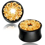 Organic Arang Wood Antique Praise the Sun Bone Inlay Double Flared Saddle Ear Tunnels, Pair - Comfort Zone Studios