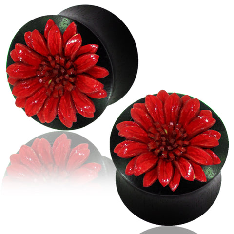 Organic Arang Wood Red Floral Gerbera Daisy Double Flared Saddle Ear Plugs, Pair - Comfort Zone Studios