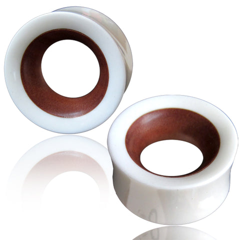 Organic Re-Constructed White Bone Rose Wood Inlay Two-Tone Double Flared Saddle Ear Tunnels, Pair - Comfort Zone Studios