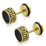 Stainless Steel Two-Tone Illusion Ancient Greek Key Round Circle Faux Fake Cheater Ear Plugs Gauge, Pair - Comfort Zone Studios