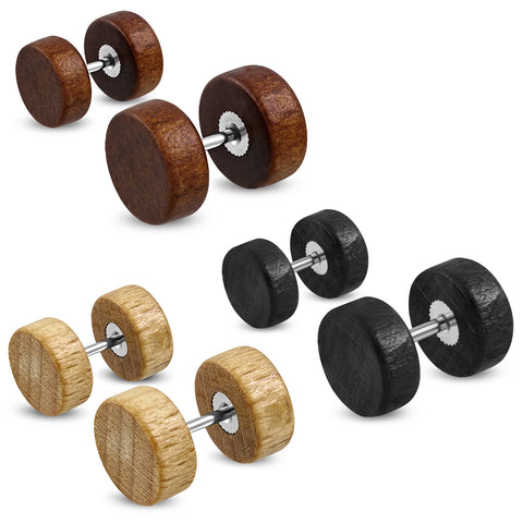 Organic Natural Wood Illusion Round Circle Stainless Steel Faux Fake Cheater Ear Plugs Gauge, Pair - Comfort Zone Studios