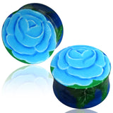 Organic Crocodile Wood Hand Painted Floral Rose Double Flared Saddle Ear Plugs, Pair - Comfort Zone Studios