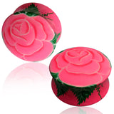 Organic Crocodile Wood Hand Painted Floral Rose Double Flared Saddle Ear Plugs, Pair - Comfort Zone Studios