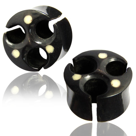Organic Black Water Buffalo Horn Cut-Out Viking Style Two-Tone Double Flared Saddle Ear Plugs, Pair - Comfort Zone Studios