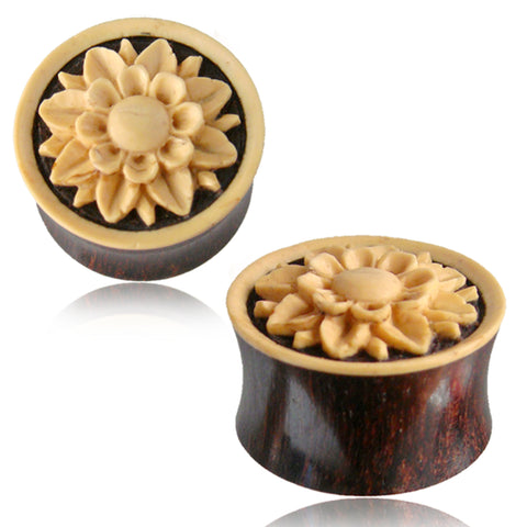 Organic Tamarind Wood Coco Shell Lotus Flower Floral Inlay Two-Tone Double Flared Saddle Ear Plugs, Pair - Comfort Zone Studios