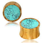 Organic Olive Wood Turquoise Inlay Double Flared Saddle Ear Plugs, Pair - Comfort Zone Studios