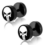 Black Stainless Steel Two-Tone Punisher Skull Faux Fake Cheater Ear Plugs Gauge, Pair - Comfort Zone Studios