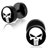 Black Stainless Steel Two-Tone Punisher Skull Faux Fake Cheater Ear Plugs Gauge, Pair - Comfort Zone Studios