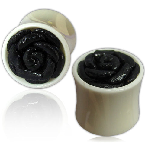 Organic Re-Constructed Bone Black Leather Rose Inlay Two-Tone Double Flared Saddle Ear Plugs, Pair - Comfort Zone Studios