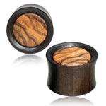 Organic Arang Wood Olive Wood Inlay Two-Tone Double Flared Saddle Ear Plugs, Pair - Comfort Zone Studios