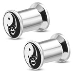 Stainless Steel Yin Yang Evil Skull Two-Tone Double Flared Saddle Ear Screw Plugs, Pair - Comfort Zone Studios