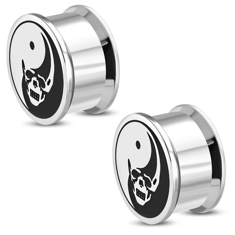 Stainless Steel Yin Yang Evil Skull Two-Tone Double Flared Saddle Ear Screw Plugs, Pair - Comfort Zone Studios