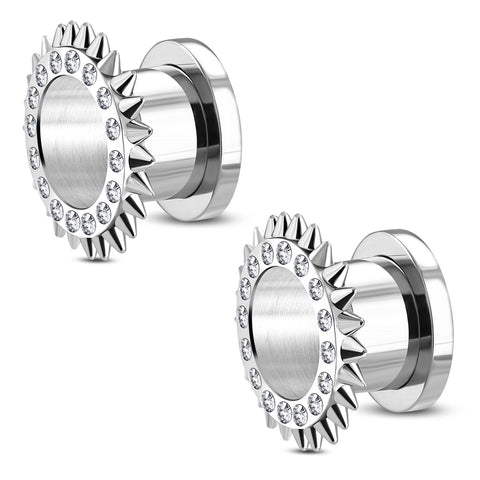 Stainless Steel Spike Biker Punk CZ Double Flared Saddle Ear Screw Tunnels, Pair - Comfort Zone Studios