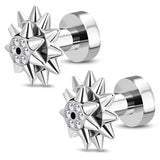 Stainless Steel Concentric Spike Biker Punk CZ Double Flared Saddle Ear Screw Tunnels, Pair - Comfort Zone Studios