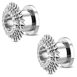 Stainless Steel Concentric Spike Biker Punk CZ Double Flared Saddle Ear Screw Tunnels, Pair - Comfort Zone Studios
