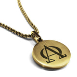 Stainless Steel Religious Alpha and Omega Round Medallion Pendant