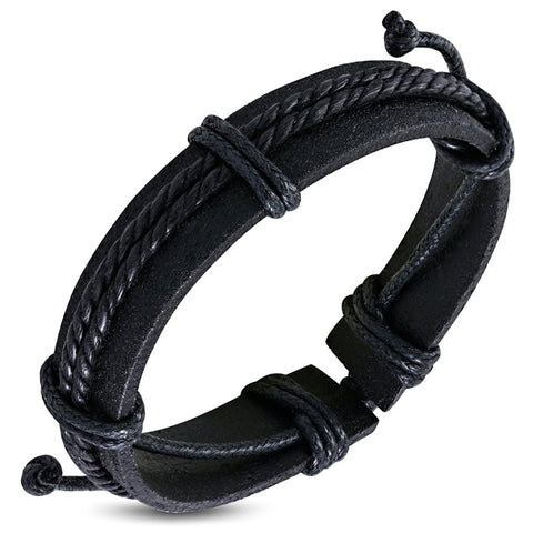 Genuine Black Leather Double Corded Wrap Rope Adjustable Bracelet - Comfort Zone Studios