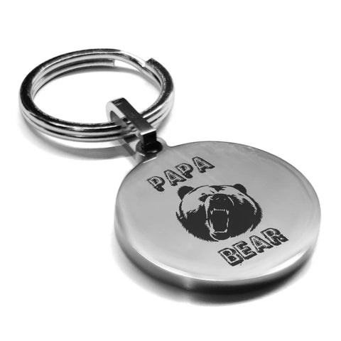 Stainless Steel Papa Bear Round Medallion Keychain