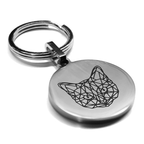 Stainless Steel Geometric Polygon Cat Round Medallion Keychain